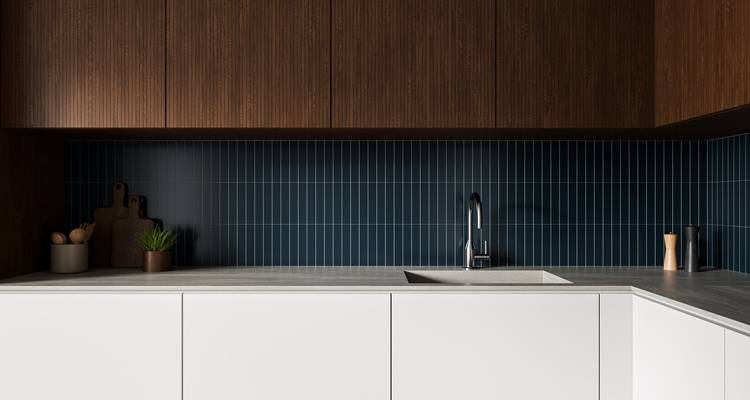 dark blue vertical splashback tiles