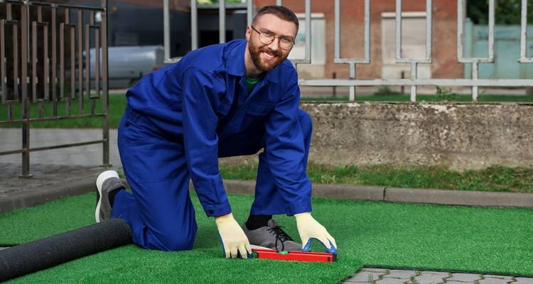 man blue boiler suit laying fake grass