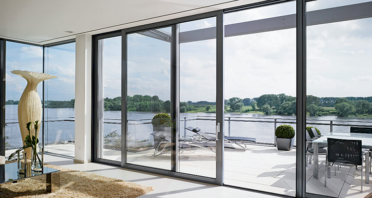 sliding door installation with a view looking out onto a lake