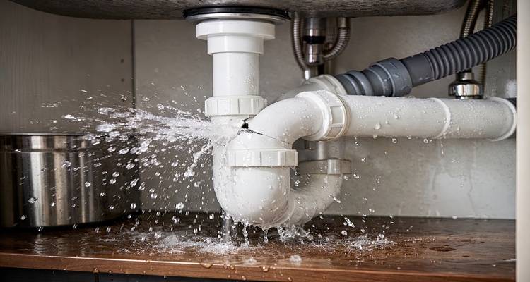burst pipe under sink water gushing