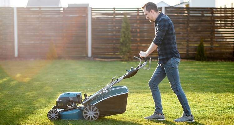 man cutting grass mower sunlight haze