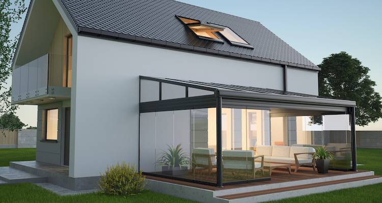 exterior view of a modern floor to ceiling glass conservatory