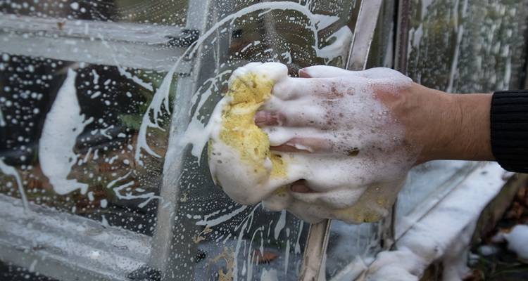 soapy sponge cleaning glass