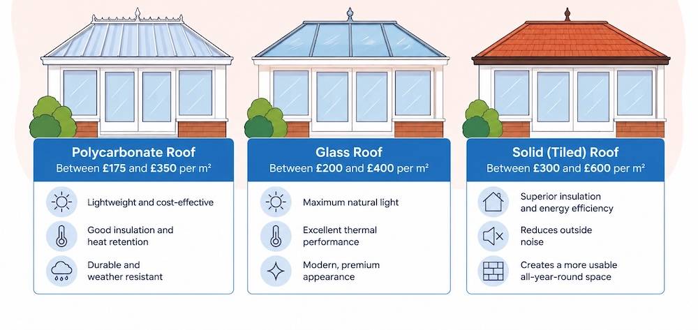 graphic showing the 3 main conservatory roof replacement materials and their main advantages