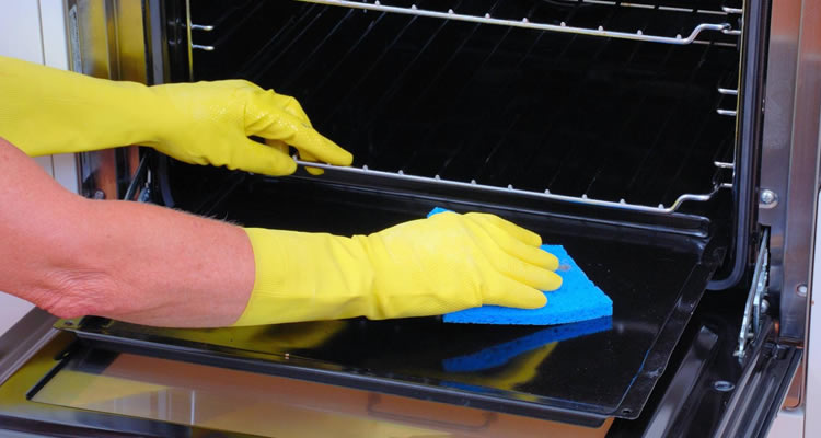 professional cleaner who is cleaning an oven door