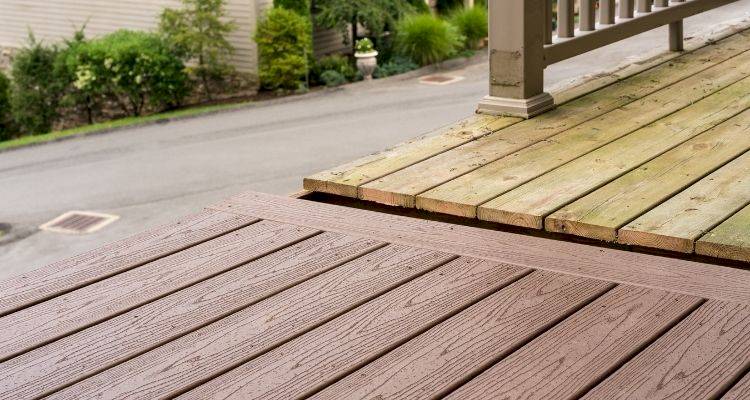 a side-by-side comparison of the visual differences between composite decking vs wooden decking installations