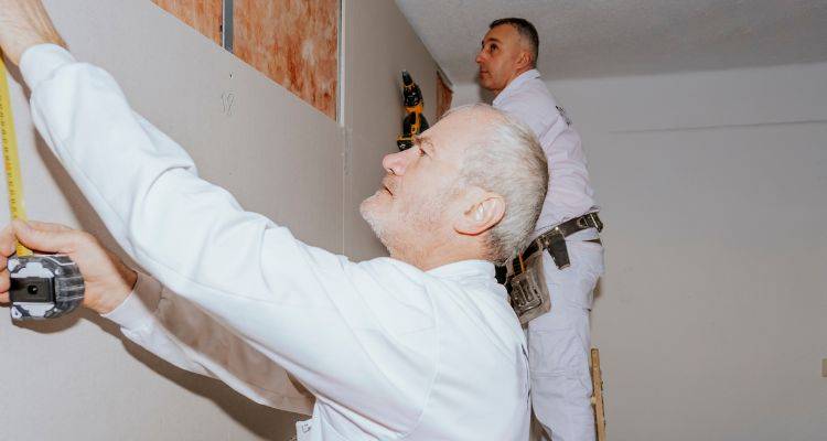 two men installing soundproof panels