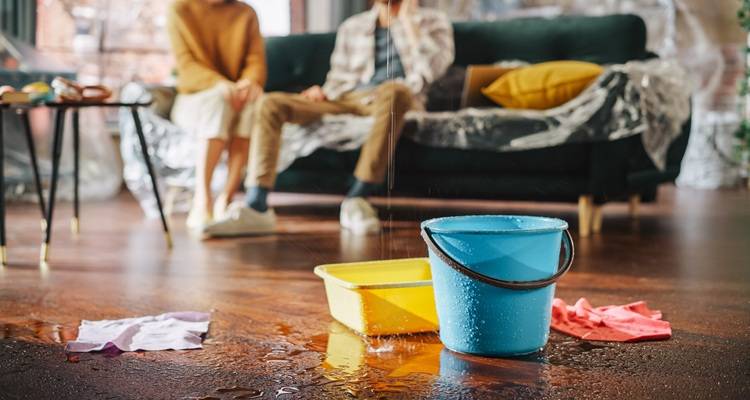 buckets catching water living room