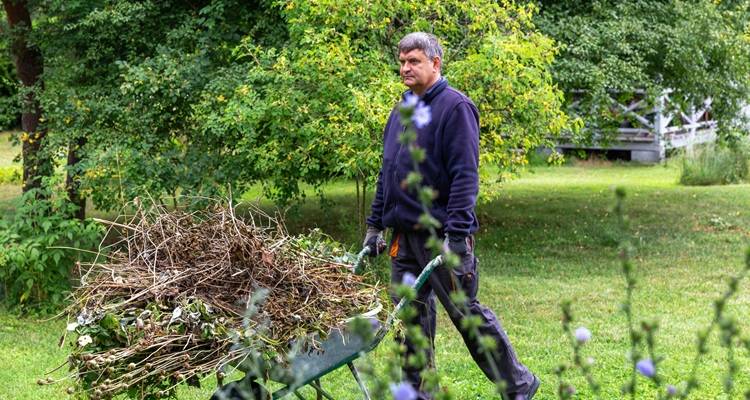 man blue jumper wheelbarrow rubbish