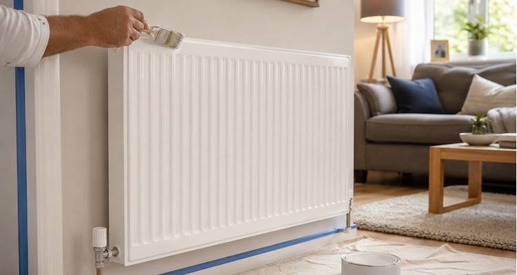 tradesperson painting a radiator in a living room