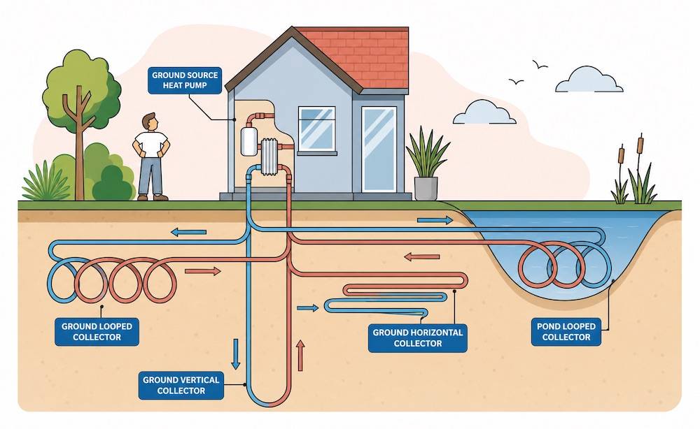 graphic showing the different types of ground source heat pumps you can get &mdash; vertical collector, horizontal collector, ground looped collector, and pond looped connector