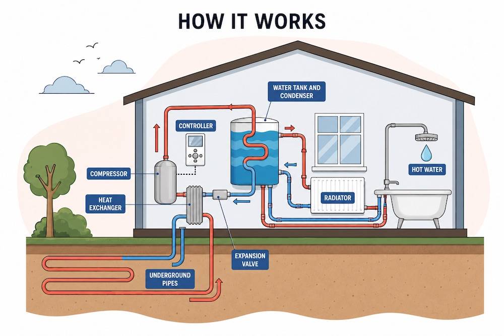graphic that shows how ground source heat pumps work and what's required from the installation of this type of heat pump
