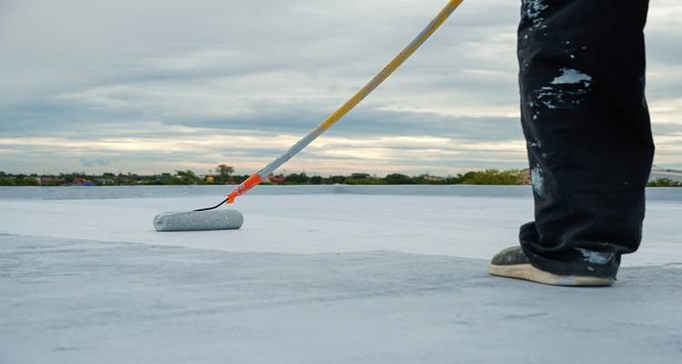 man painting grey roof