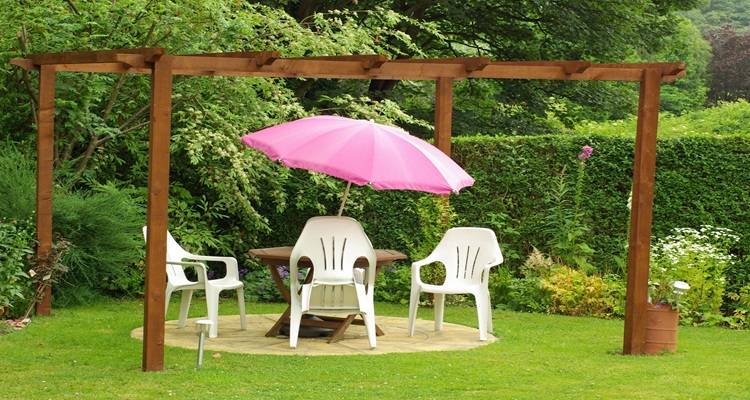 wooden pergola plastic chairs