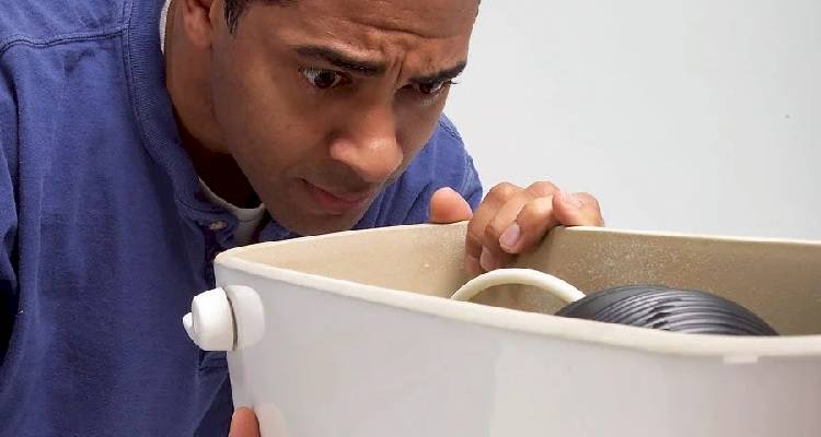 person looking inside the cistern of a toilet