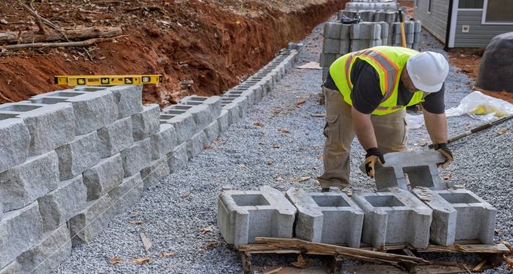 man building retaining wall