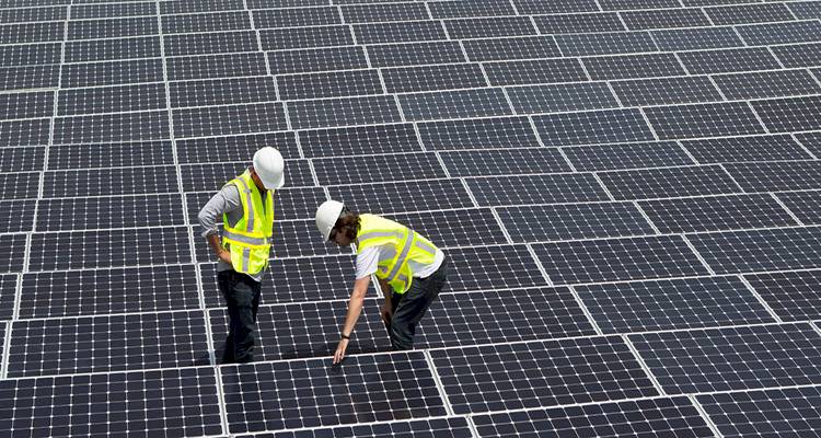 two tradespeople maintaining solar panel installations