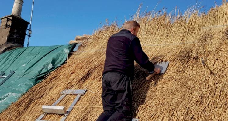tradesperson rethatching a property in the UK