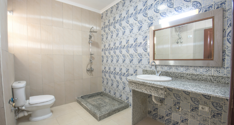 wetroom with a toilet, shower, and sink that has a mixed design