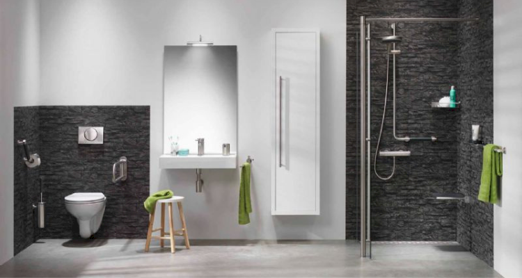front-on view of black and white wetroom fittings